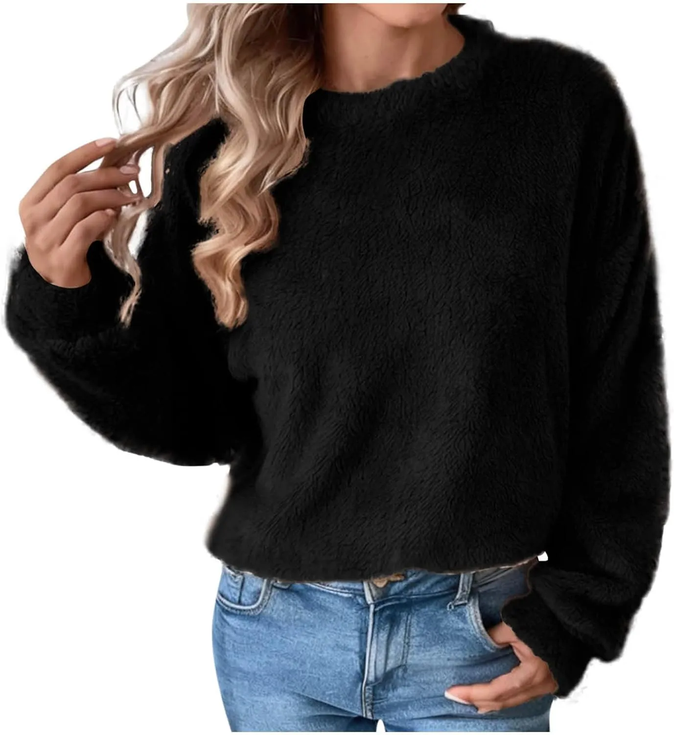 Fleece Sweatshirt For Women Soft Warm Casual Crewneck Long Sleeve Fuzzy Pullover Winter Comfy Solid Color Sherpa Tops