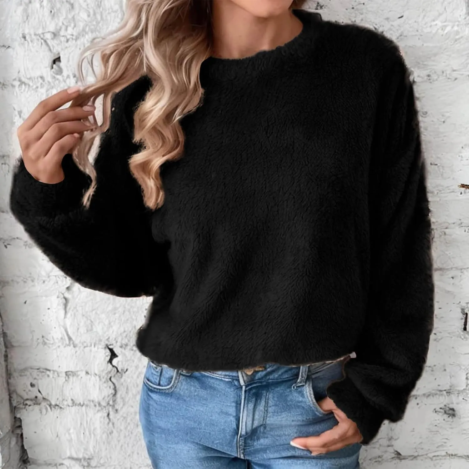 Fleece Sweatshirt For Women Soft Warm Casual Crewneck Long Sleeve Fuzzy Pullover Winter Comfy Solid Color Sherpa Tops
