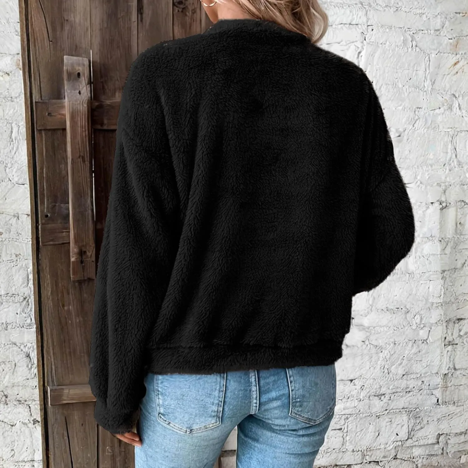 Fleece Sweatshirt For Women Soft Warm Casual Crewneck Long Sleeve Fuzzy Pullover Winter Comfy Solid Color Sherpa Tops
