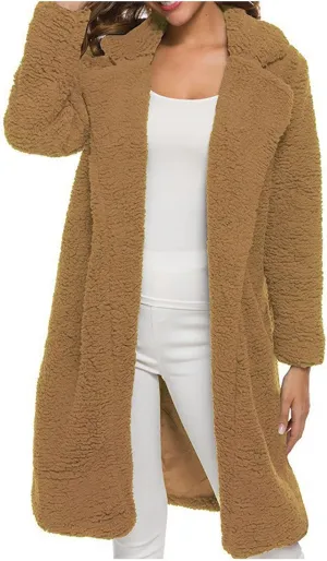 Fuzzy Fleece Jackets for Women Solid Color Long Sleeve Open Front Long Cardigans Jacket Trendy Lapel Oversized Coat