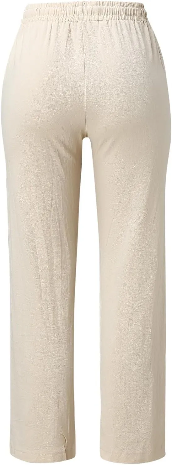 GOKKILRW Womens Cotton Linen Pants Casual Straight Leg Drawstring Elastic High Waist Loose Fit Comfy Long Pants with Pockets