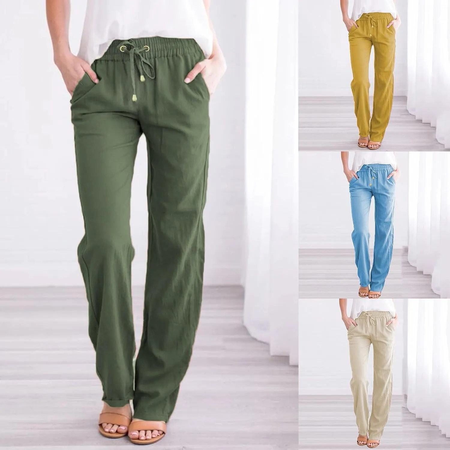 GOKKILRW Womens Cotton Linen Pants Casual Straight Leg Drawstring Elastic High Waist Loose Fit Comfy Long Pants with Pockets