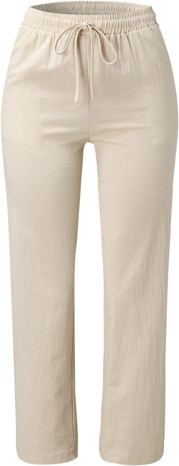GOKKILRW Womens Cotton Linen Pants Casual Straight Leg Drawstring Elastic High Waist Loose Fit Comfy Long Pants with Pockets