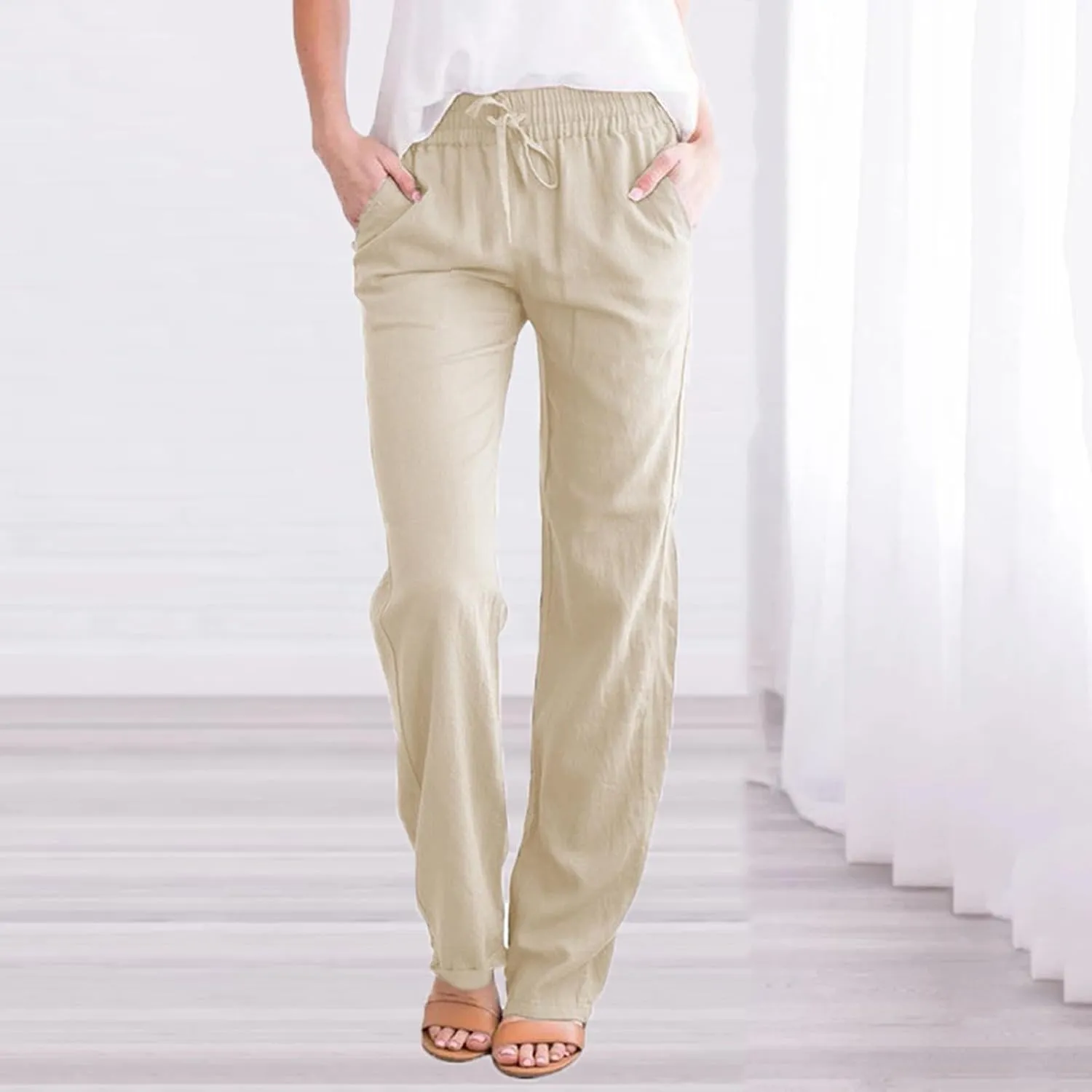 GOKKILRW Womens Cotton Linen Pants Casual Straight Leg Drawstring Elastic High Waist Loose Fit Comfy Long Pants with Pockets
