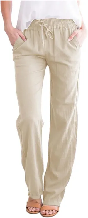 GOKKILRW Womens Cotton Linen Pants Casual Straight Leg Drawstring Elastic High Waist Loose Fit Comfy Long Pants with Pockets