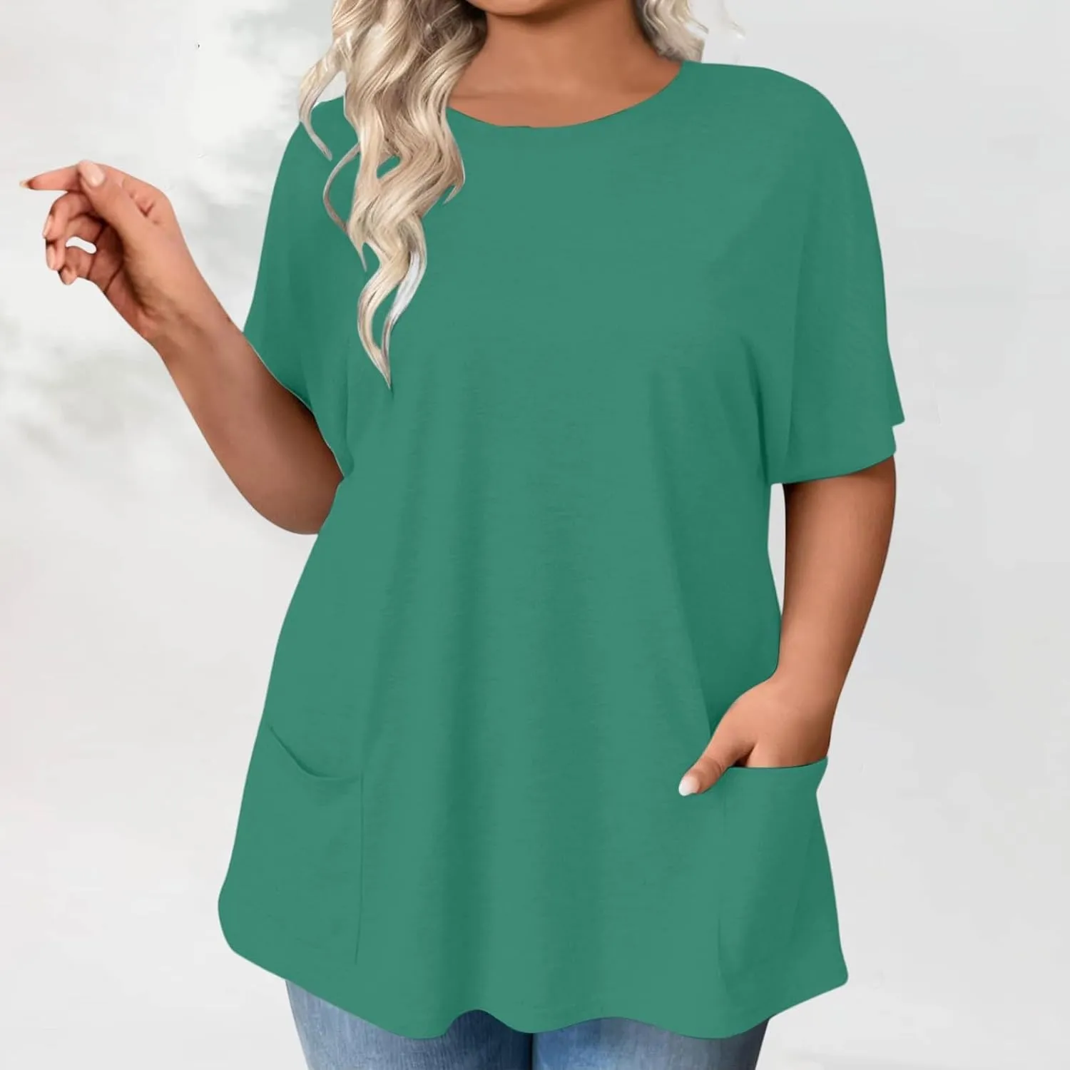 GOKKILRW Womens Plus Size T Shirts 2025 Crewneck Short Sleeve Casual T-Shirts Loose Fit Comfy Summer Tunic Tops with Pockets