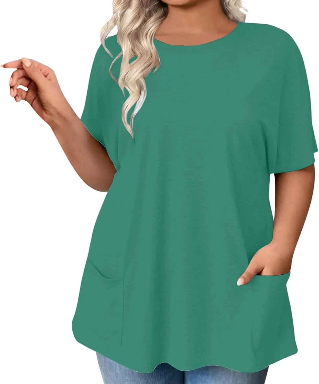 GOKKILRW Womens Plus Size T Shirts 2025 Crewneck Short Sleeve Casual T-Shirts Loose Fit Comfy Summer Tunic Tops with Pockets