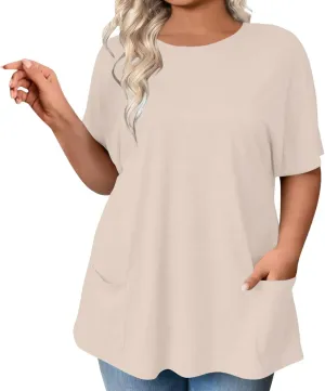 GOKKILRW Womens Plus Size T Shirts 2025 Crewneck Short Sleeve Casual T-Shirts Loose Fit Comfy Summer Tunic Tops with Pockets
