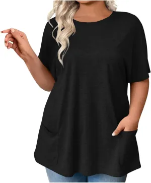 GOKKILRW Womens Plus Size T Shirts 2025 Crewneck Short Sleeve Casual T-Shirts Loose Fit Comfy Summer Tunic Tops with Pockets