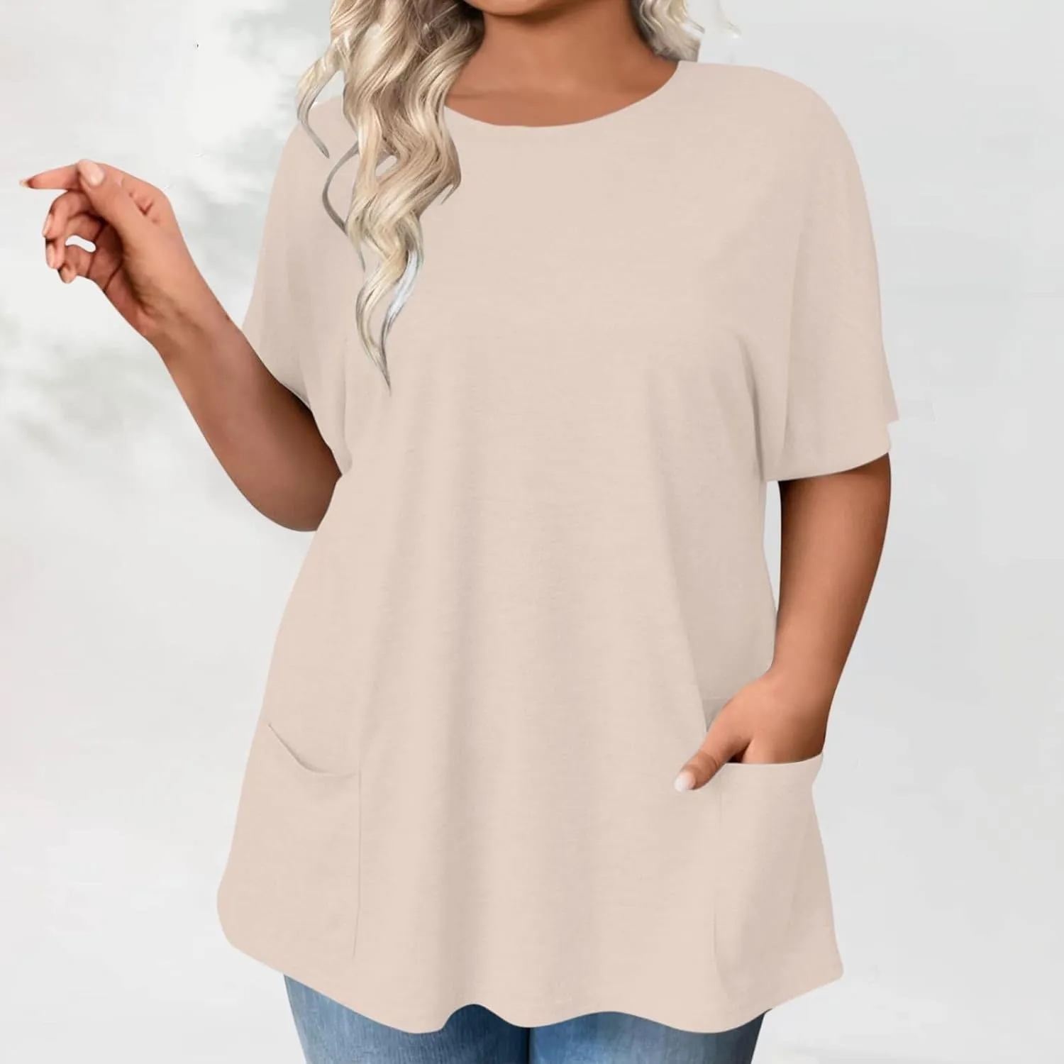 GOKKILRW Womens Plus Size T Shirts 2025 Crewneck Short Sleeve Casual T-Shirts Loose Fit Comfy Summer Tunic Tops with Pockets