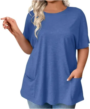 GOKKILRW Womens Plus Size T Shirts 2025 Crewneck Short Sleeve Casual T-Shirts Loose Fit Comfy Summer Tunic Tops with Pockets