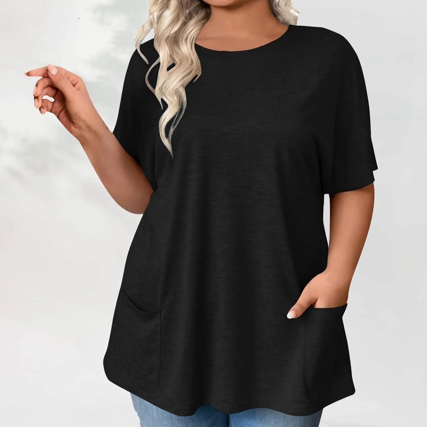 GOKKILRW Womens Plus Size T Shirts 2025 Crewneck Short Sleeve Casual T-Shirts Loose Fit Comfy Summer Tunic Tops with Pockets