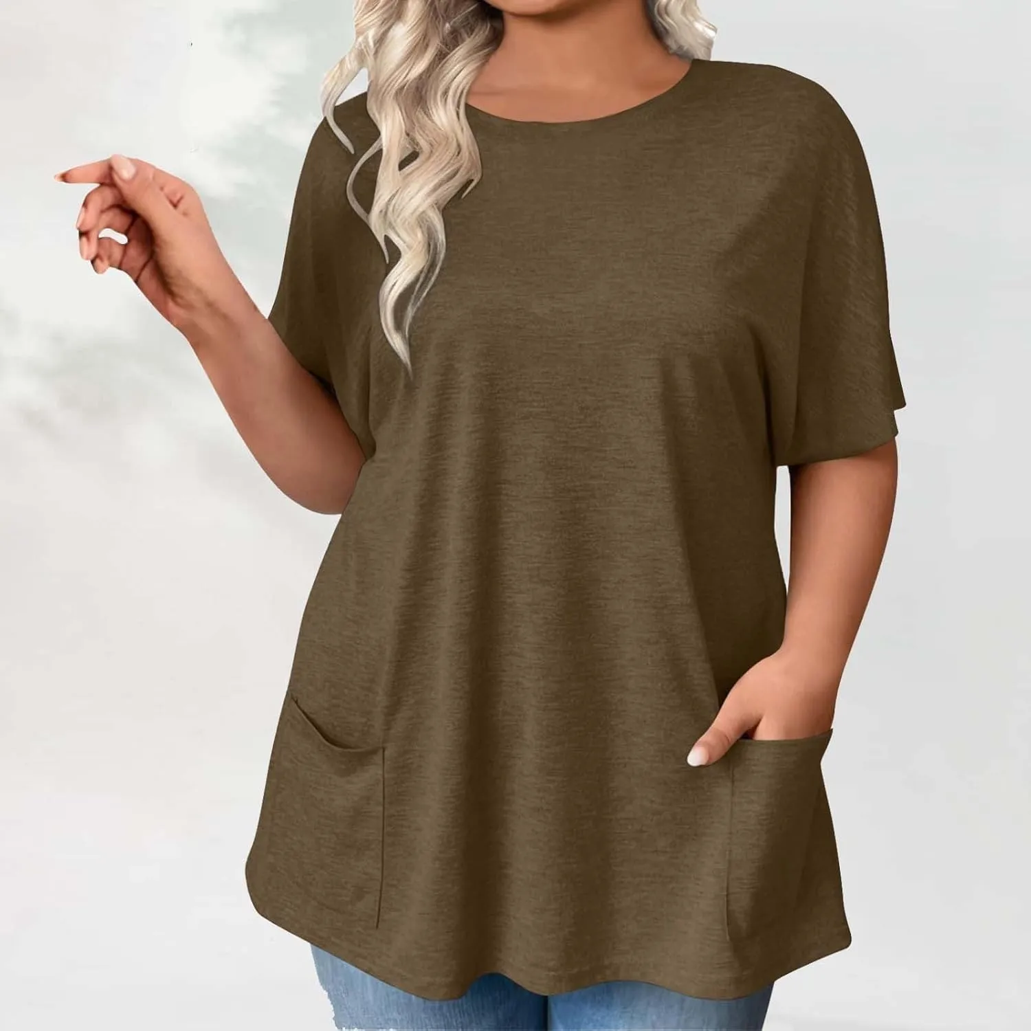 GOKKILRW Womens Plus Size T Shirts 2025 Crewneck Short Sleeve Casual T-Shirts Loose Fit Comfy Summer Tunic Tops with Pockets