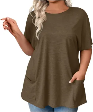 GOKKILRW Womens Plus Size T Shirts 2025 Crewneck Short Sleeve Casual T-Shirts Loose Fit Comfy Summer Tunic Tops with Pockets