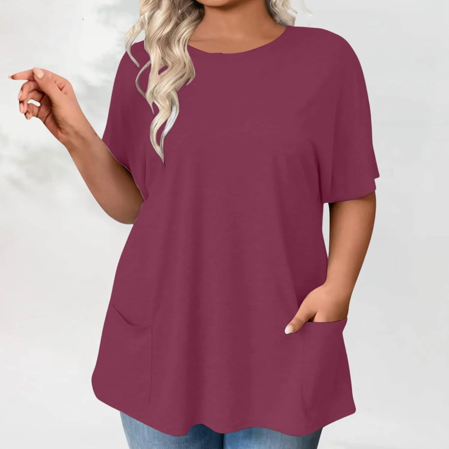 GOKKILRW Womens Plus Size T Shirts 2025 Crewneck Short Sleeve Casual T-Shirts Loose Fit Comfy Summer Tunic Tops with Pockets