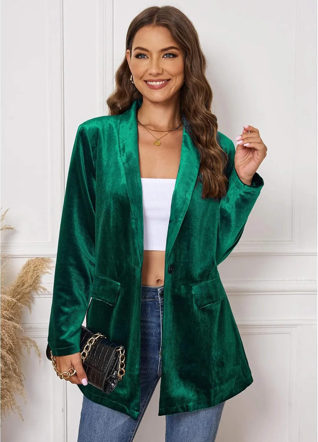GRAPENT Velvet Blazers Jackets for Women Business Casual Oversized Long Suit Jacket Dressy Cardigan Blazer Work Office