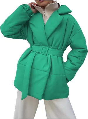 HGps8w Women's Winter Quilted Down Coat with Belt, Oversized Wrap Padded Warm Outerwear Puffer Jackets with Pockets