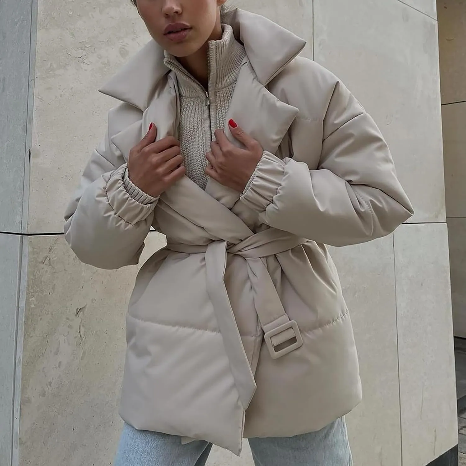 HGps8w Women's Winter Quilted Down Coat with Belt, Oversized Wrap Padded Warm Outerwear Puffer Jackets with Pockets