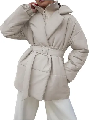 HGps8w Women's Winter Quilted Down Coat with Belt, Oversized Wrap Padded Warm Outerwear Puffer Jackets with Pockets