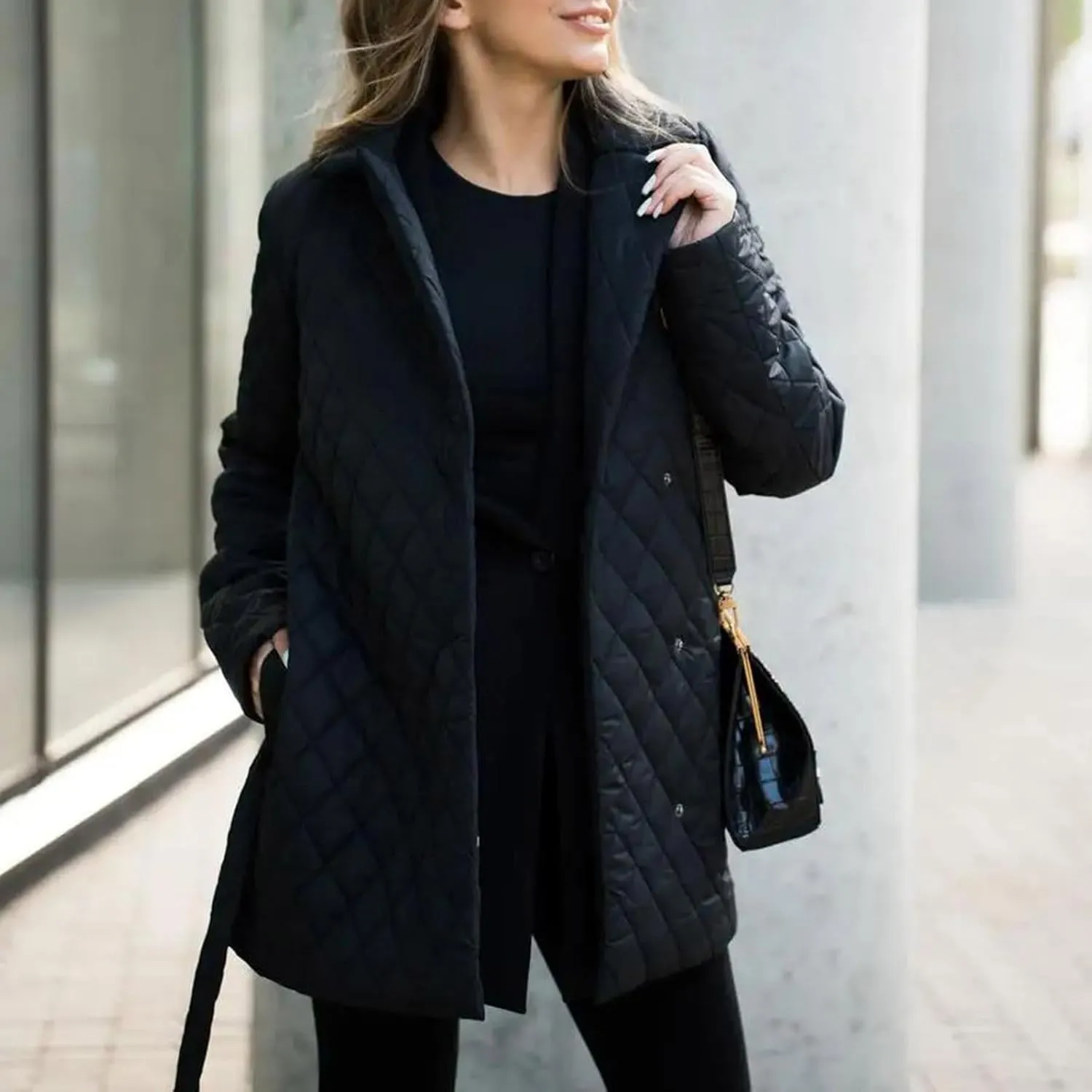 HGps8w Women's Winter Quilted Wrap Coat with Belt, Mid-Long Lapel Warm Padded Down Puffer Jacket Elegant Overcoat