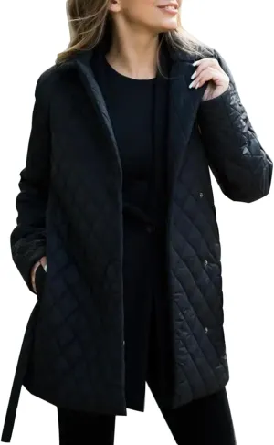 HGps8w Women's Winter Quilted Wrap Coat with Belt, Mid-Long Lapel Warm Padded Down Puffer Jacket Elegant Overcoat