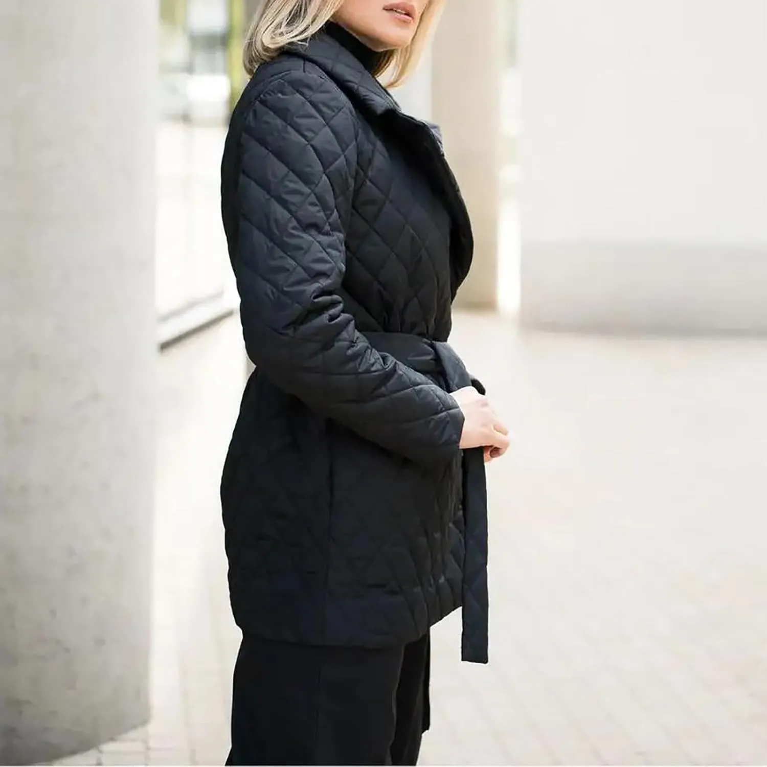 HGps8w Women's Winter Quilted Wrap Coat with Belt, Mid-Long Lapel Warm Padded Down Puffer Jacket Elegant Overcoat