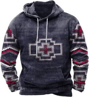 Hoodies for Men Casual Graphic Crewneck Sweatshirts Western Aztec Ethnic Pullover Hoodie Oversized Hooded Sweatshirt