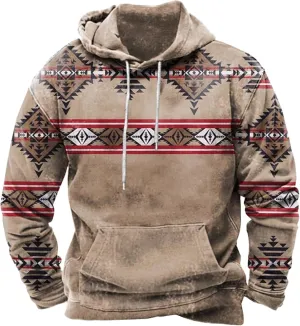 Hoodies for Men Casual Graphic Crewneck Sweatshirts Western Aztec Ethnic Pullover Hoodie Oversized Hooded Sweatshirt