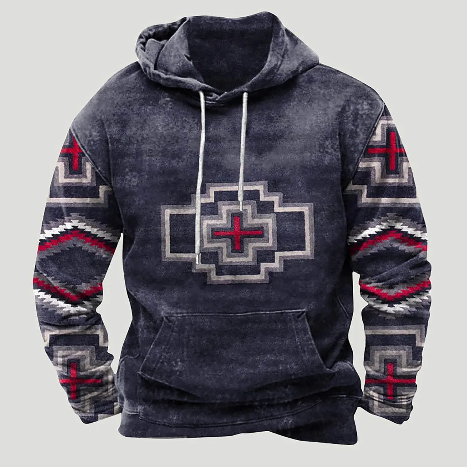 Hoodies for Men Casual Graphic Crewneck Sweatshirts Western Aztec Ethnic Pullover Hoodie Oversized Hooded Sweatshirt