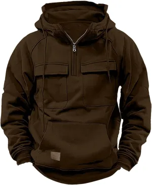 Hoodies For Men Quarter Zip Tactical Sweatshirts Fall Winter Casual Long Sleeve Workout Pullover Outdoor Cargo Jackets