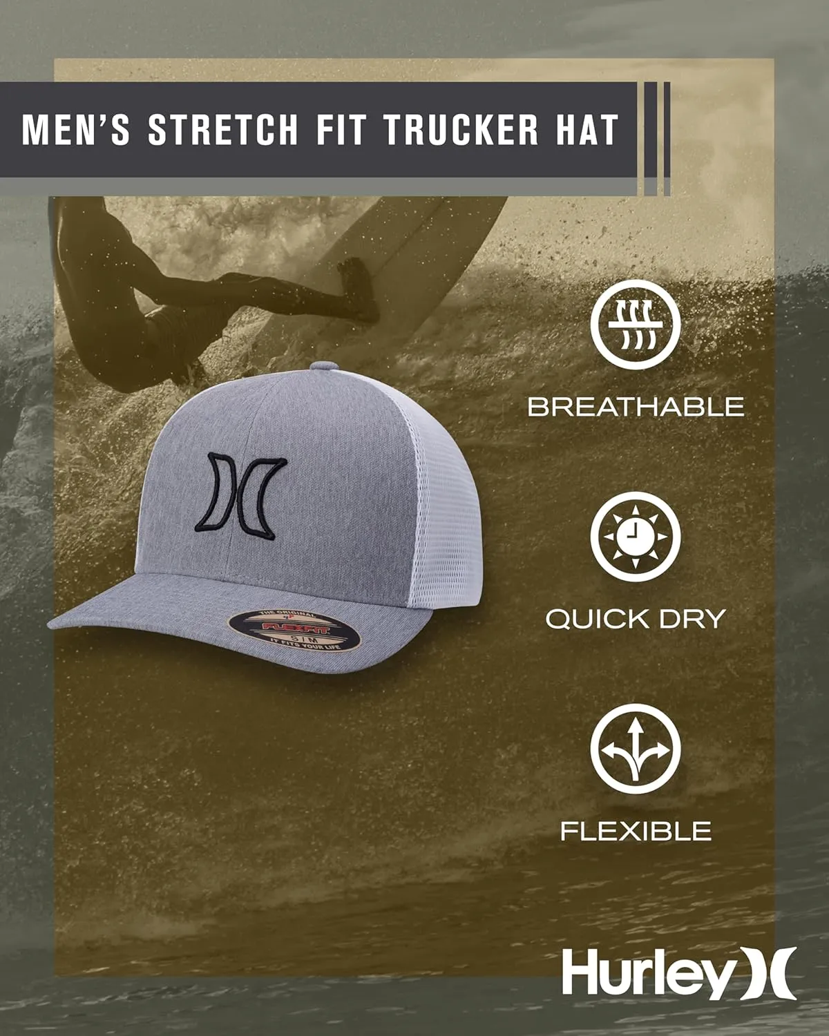Hurley Men's Trucker Hat - Lightweight Breathable Stretch Mesh Back Curved Bill Baseball Cap with 3D Front Icon Logo