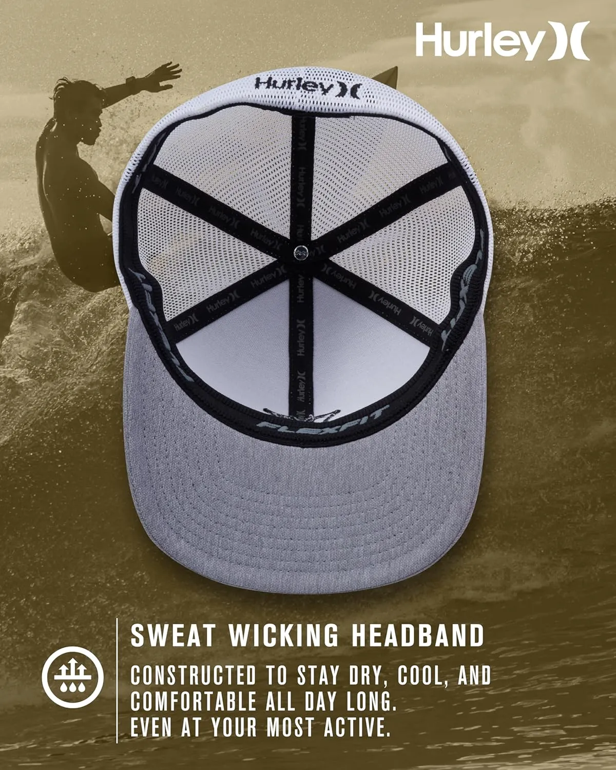 Hurley Men's Trucker Hat - Lightweight Breathable Stretch Mesh Back Curved Bill Baseball Cap with 3D Front Icon Logo