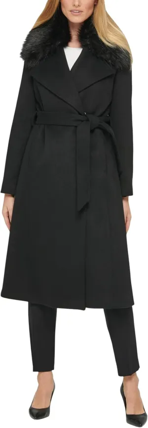 KARL LAGERFELD Women's Luxe Wool Classic Long Wrap Coat W Fur