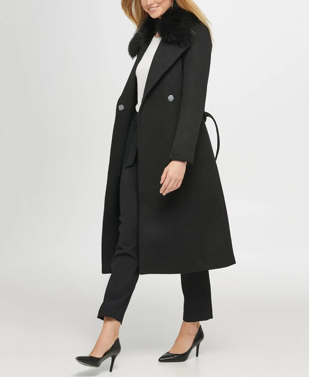 KARL LAGERFELD Women's Luxe Wool Classic Long Wrap Coat W Fur
