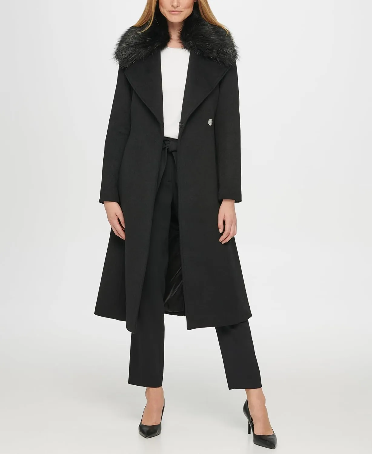 KARL LAGERFELD Women's Luxe Wool Classic Long Wrap Coat W Fur