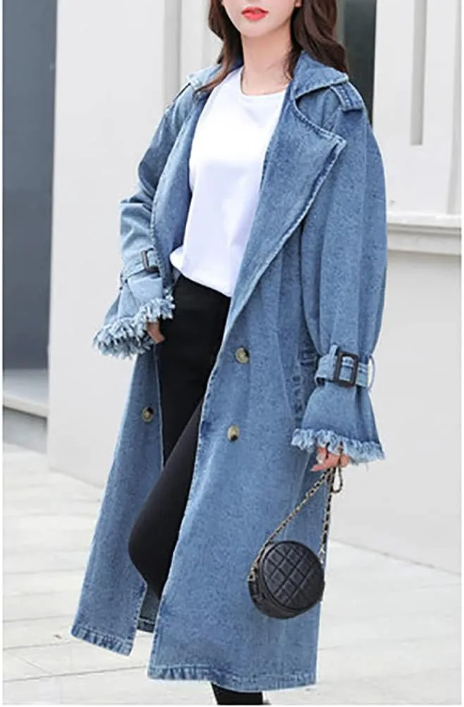 Kinghua Womens Double Breasted Denim Trench Coat Casual Loose Belted Long Jean Jackets