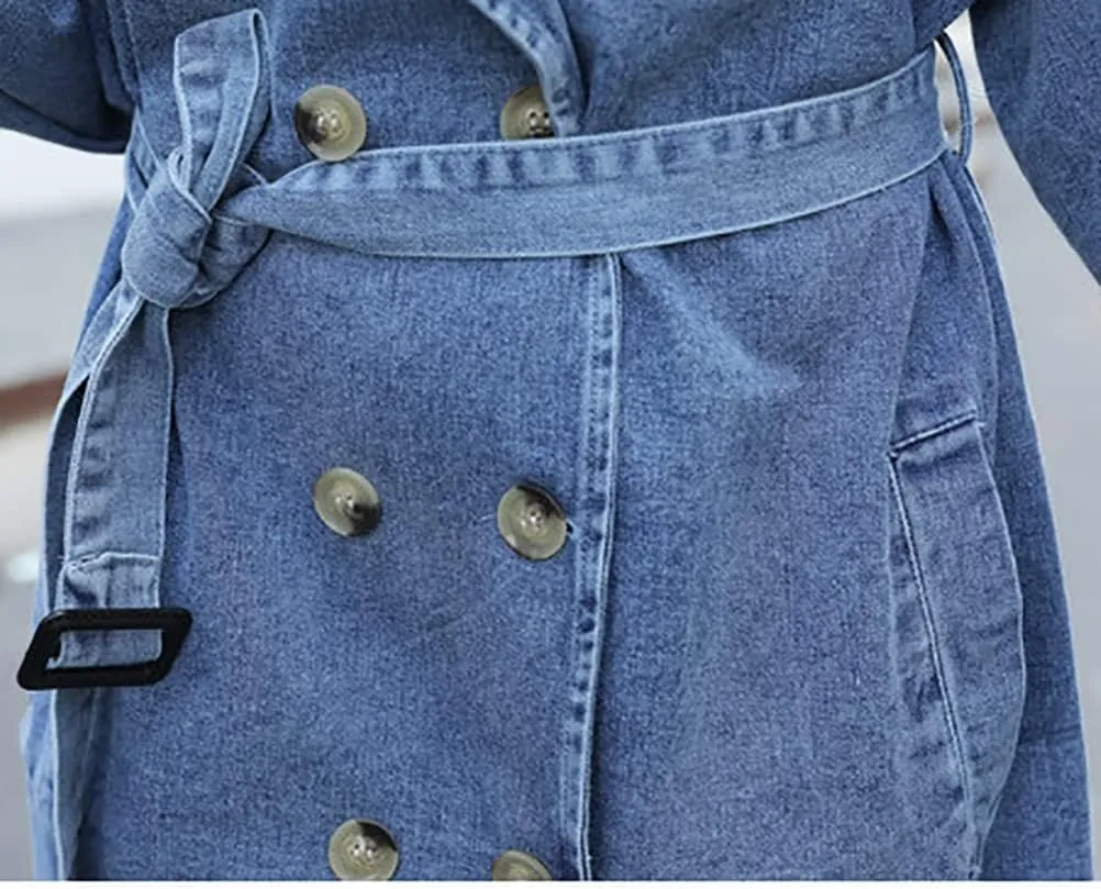 Kinghua Womens Double Breasted Denim Trench Coat Casual Loose Belted Long Jean Jackets