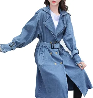 Kinghua Womens Double Breasted Denim Trench Coat Casual Loose Belted Long Jean Jackets