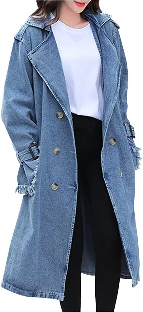 Kinghua Womens Double Breasted Denim Trench Coat Casual Loose Belted Long Jean Jackets