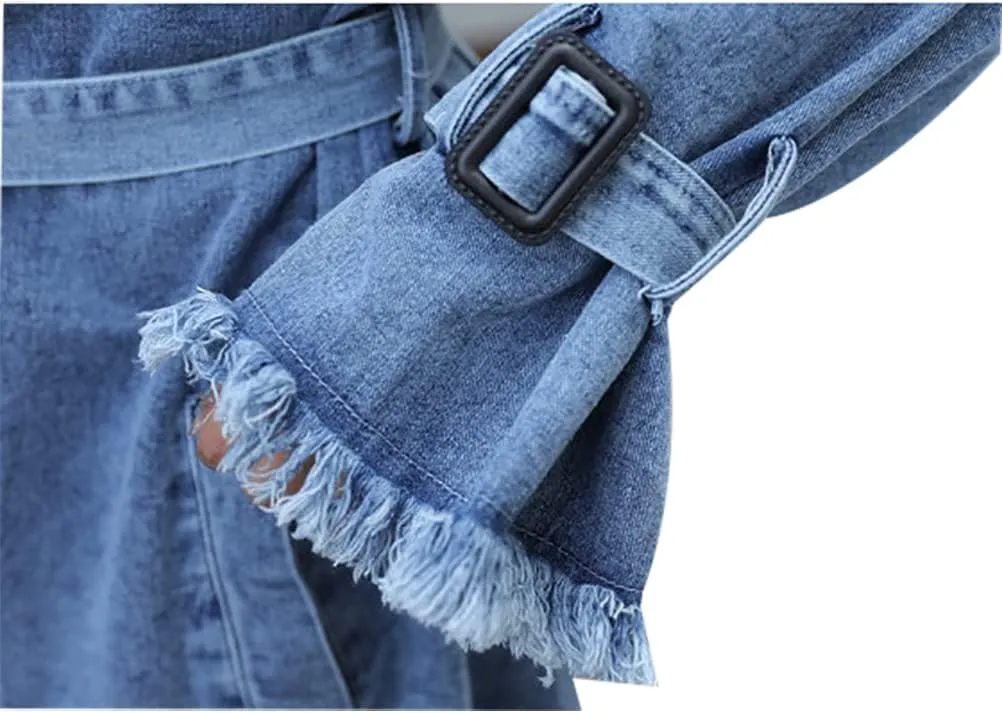 Kinghua Womens Double Breasted Denim Trench Coat Casual Loose Belted Long Jean Jackets