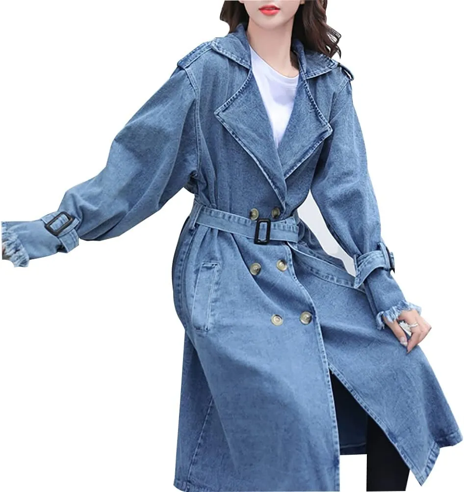 Kinghua Womens Double Breasted Denim Trench Coat Casual Loose Belted Long Jean Jackets