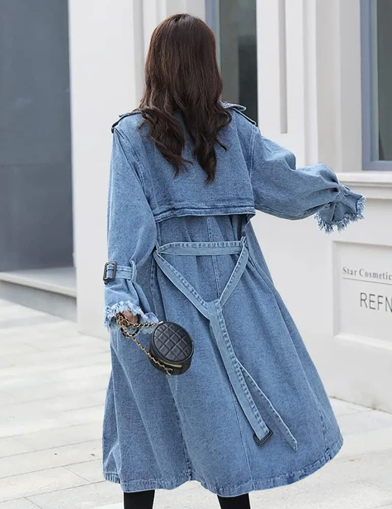 Kinghua Womens Double Breasted Denim Trench Coat Casual Loose Belted Long Jean Jackets