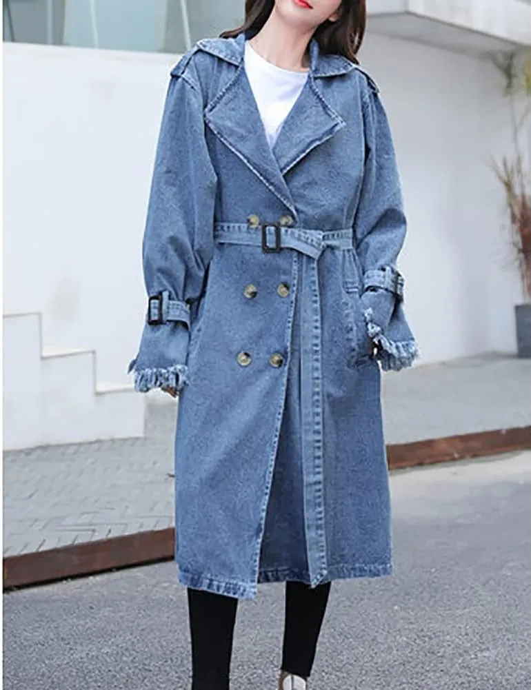 Kinghua Womens Double Breasted Denim Trench Coat Casual Loose Belted Long Jean Jackets