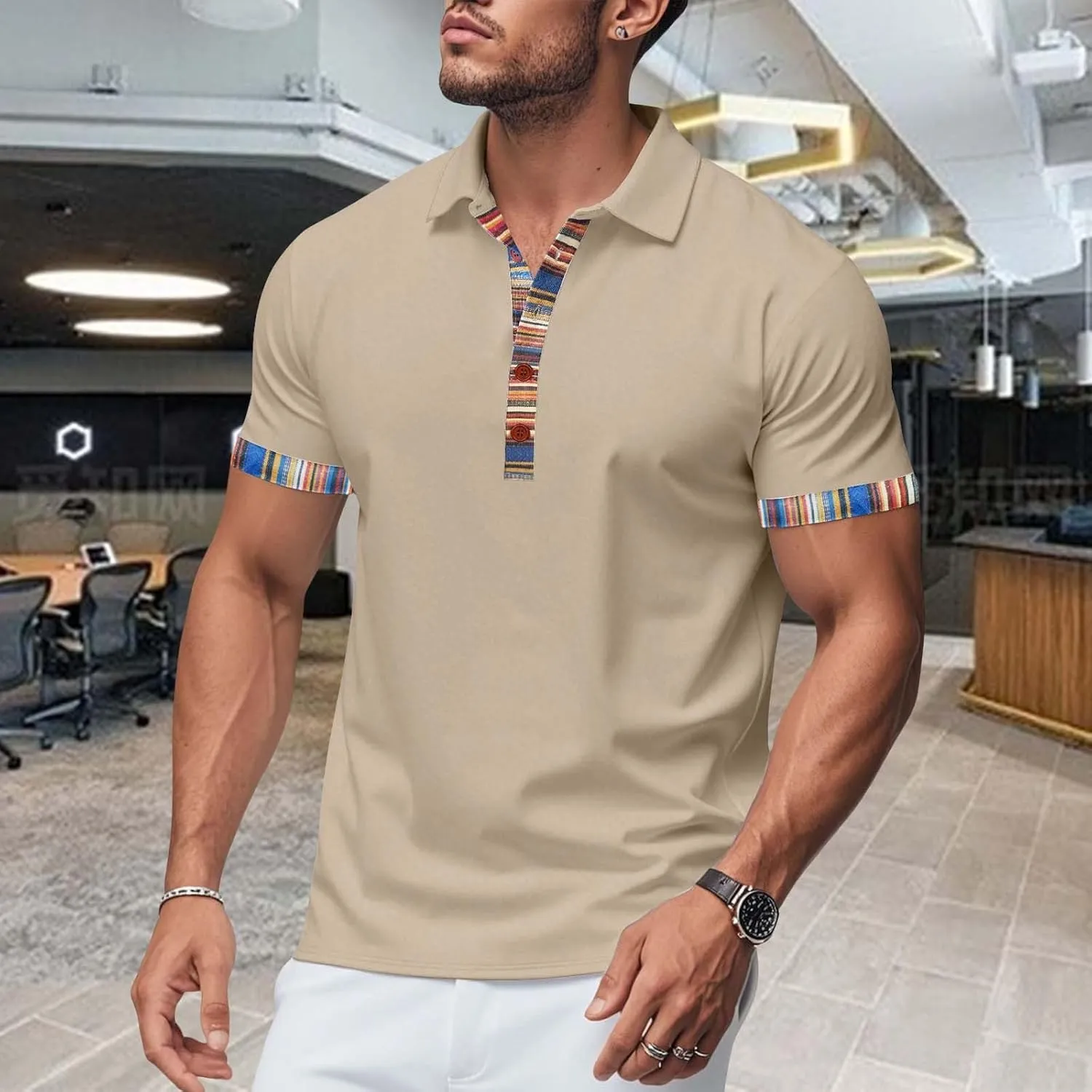 Lapel Collared Muscle Polo Shirts Men Slim Fit Textured Knit Polo Shirts Short Sleeve Button Down Shirts Casual