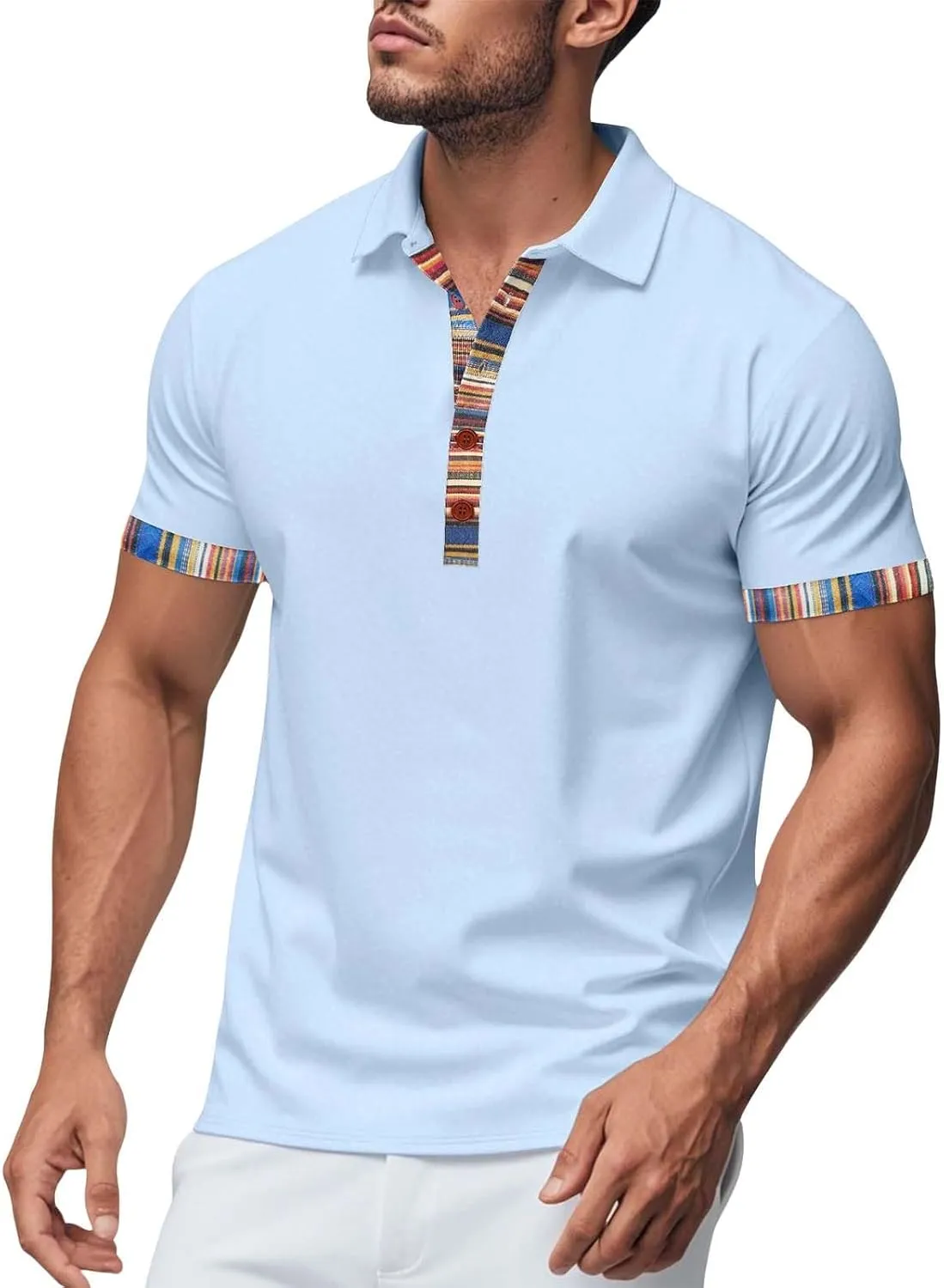 Lapel Collared Muscle Polo Shirts Men Slim Fit Textured Knit Polo Shirts Short Sleeve Button Down Shirts Casual