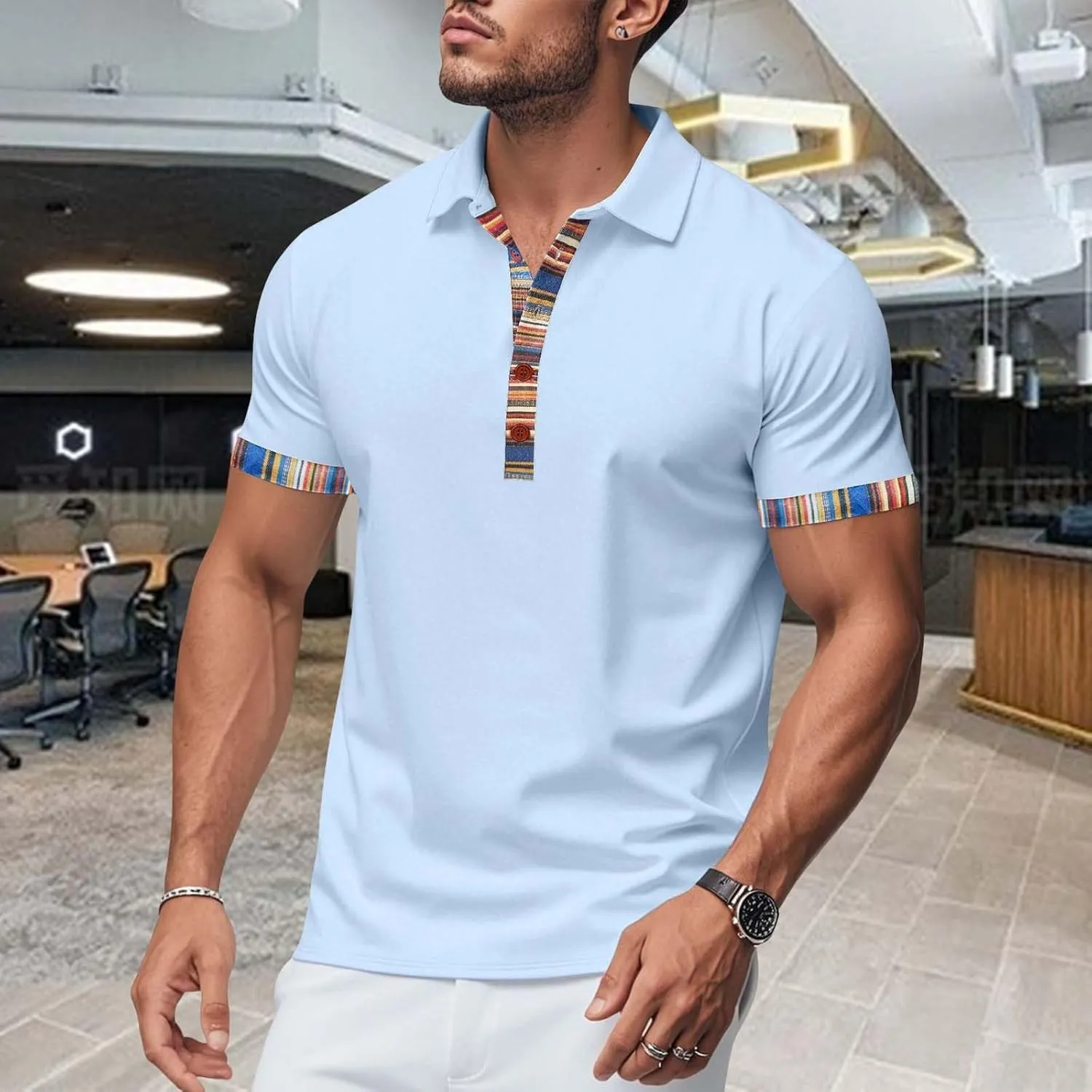 Lapel Collared Muscle Polo Shirts Men Slim Fit Textured Knit Polo Shirts Short Sleeve Button Down Shirts Casual