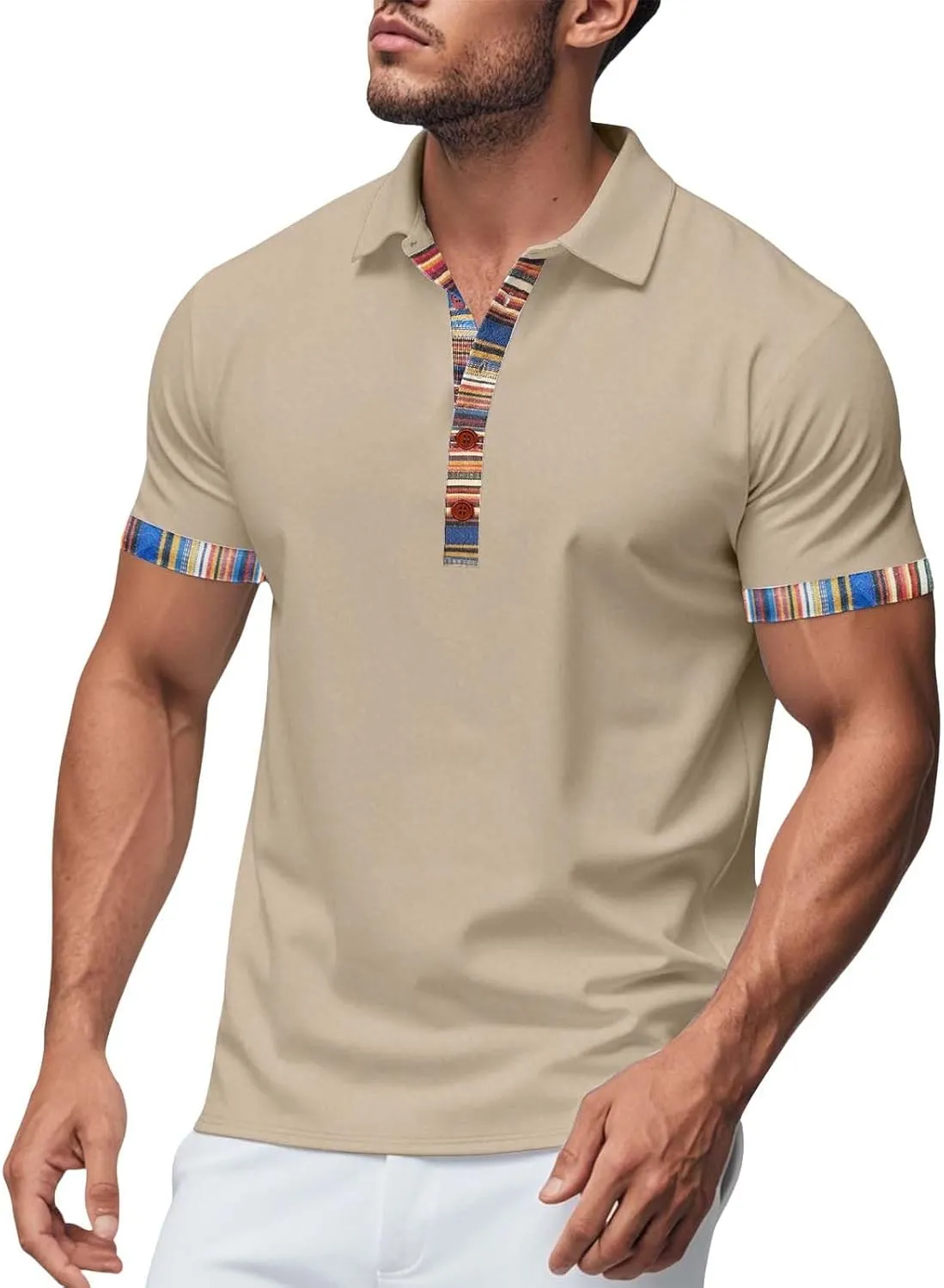Lapel Collared Muscle Polo Shirts Men Slim Fit Textured Knit Polo Shirts Short Sleeve Button Down Shirts Casual