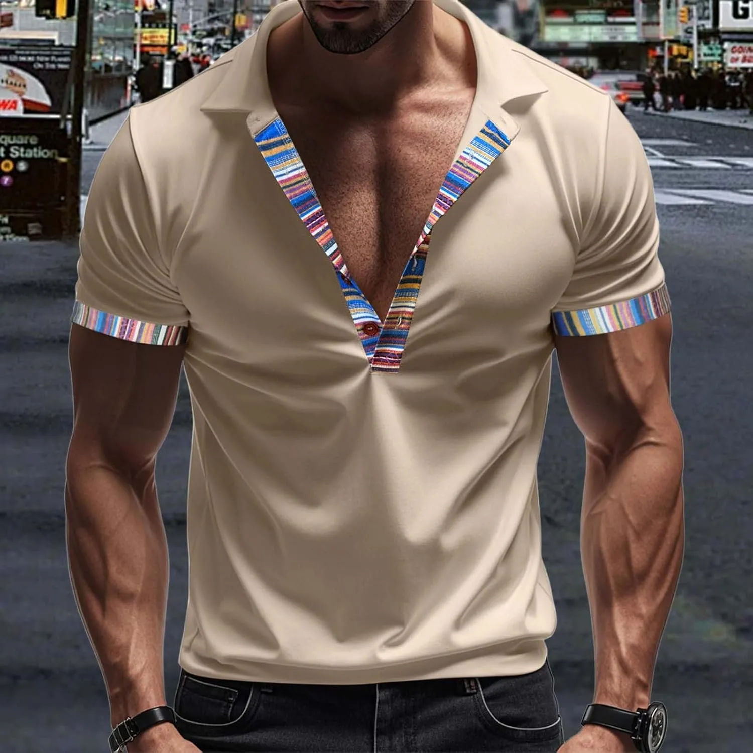 Lapel Collared Muscle Polo Shirts Men Slim Fit Textured Knit Polo Shirts Short Sleeve Button Down Shirts Casual