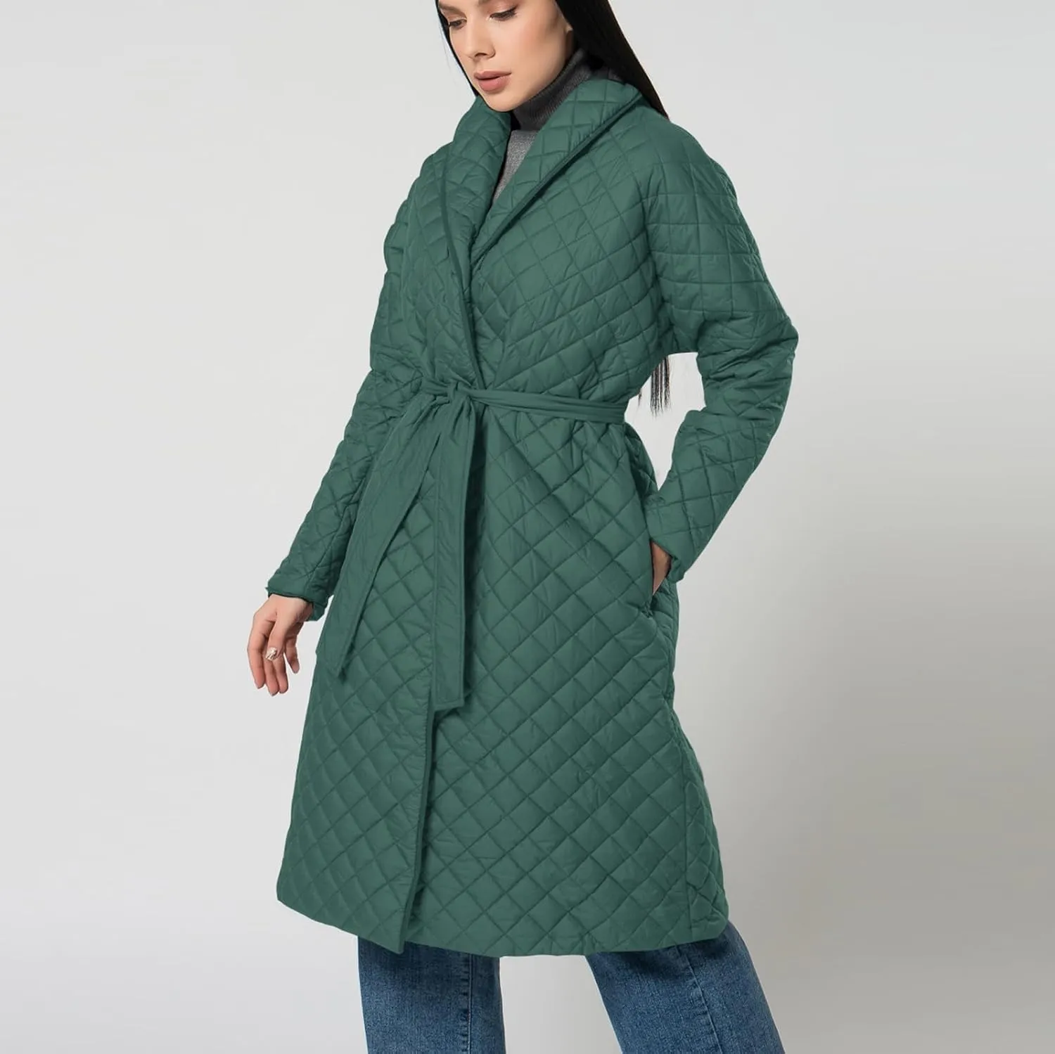 lcziwo Women's Oversized Quilted Coat Diamond Plaid Wrap Waist Puffer Jacket Winter Warm Casual Long down Coat with Belt