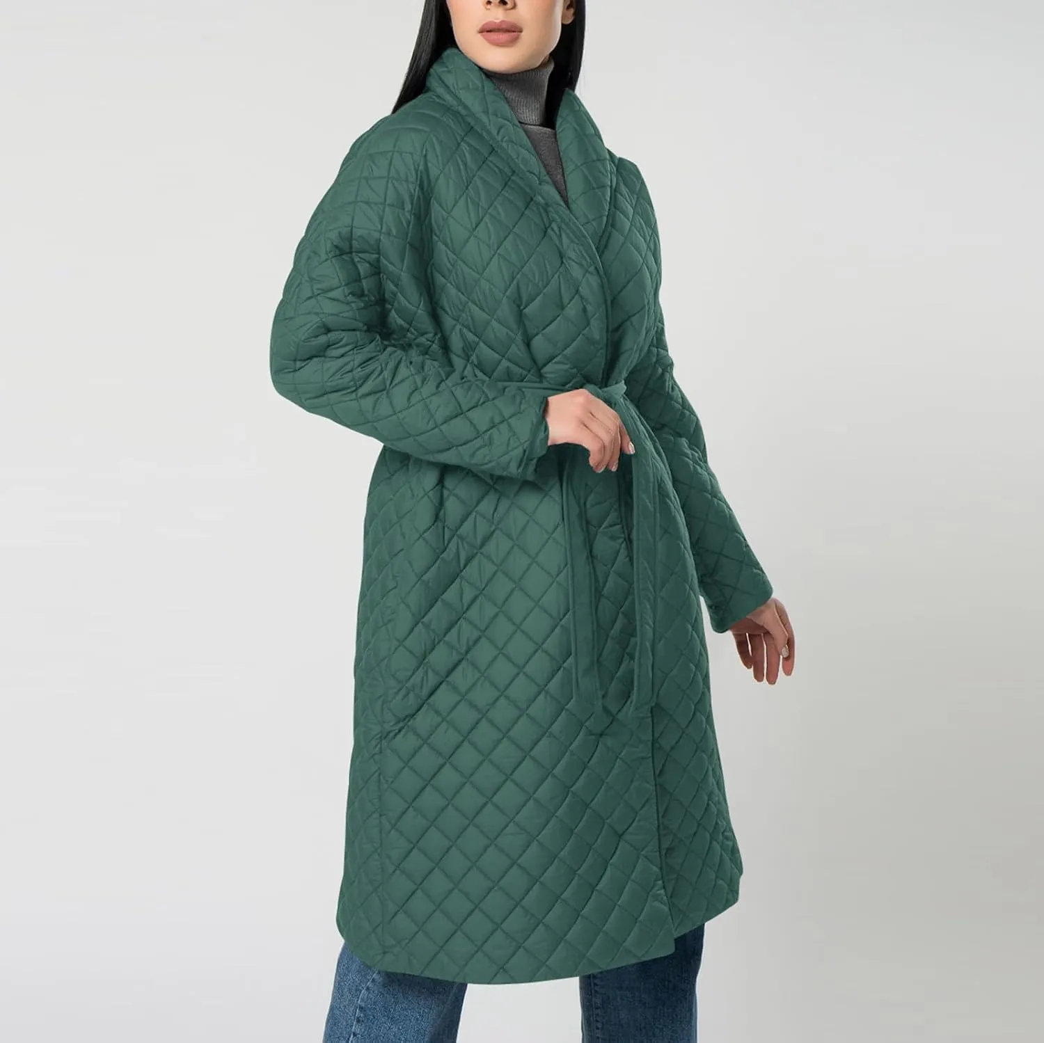 lcziwo Women's Oversized Quilted Coat Diamond Plaid Wrap Waist Puffer Jacket Winter Warm Casual Long down Coat with Belt